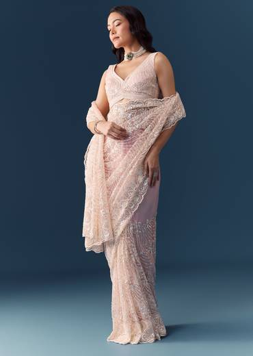 Pink Net Floral Jaal Cutdana Work Saree with Unstitched Blouse