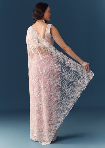 Pink Net Floral Jaal Cutdana Work Saree with Unstitched Blouse