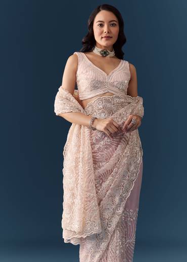 Pink Net Floral Jaal Cutdana Work Saree with Unstitched Blouse