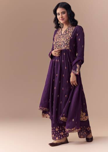Purple Zari Embellished Anarkali Set