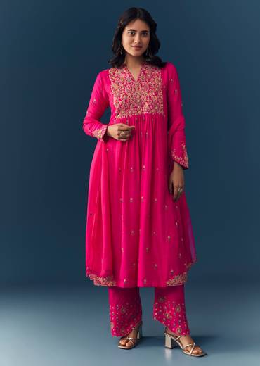 Pink Silk Zari Embroidered Anarkali Set