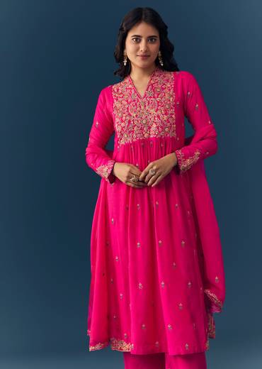 Pink Silk Zari Embroidered Anarkali Set