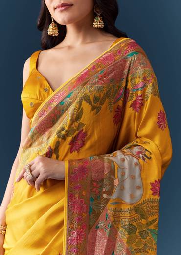 Mustard Banarasi Silk Woven Saree with Unstitched Blouse