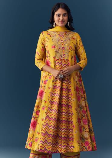 Yellow Floral Print Anarkali Set