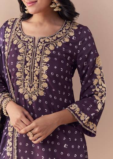 Purple Embellished Silk Bandhani Print Kurta Set