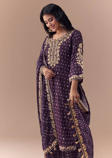 Purple Embellished Silk Bandhani Print Kurta Set