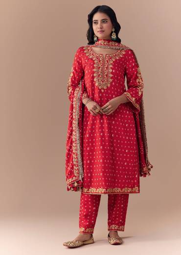Red Silk Bandhani Print Kurta Set