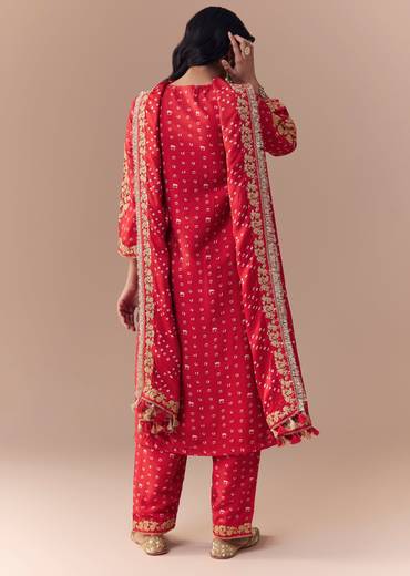 Red Silk Bandhani Print Kurta Set