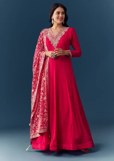 Hot Pink Thread Embroidered Anarkali with Dupatta