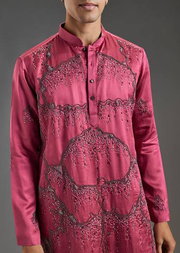 Pink Silk Men's Kurta Set with Dupatta
