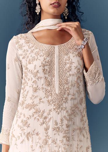 Classic White Twin Style – Cut Dana Kurta Palazzo Set For Her And White Linen Embroidered Kurta Set For Him