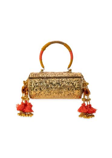 Silver and Gold Embossed Textured Metal Bag with Tassels