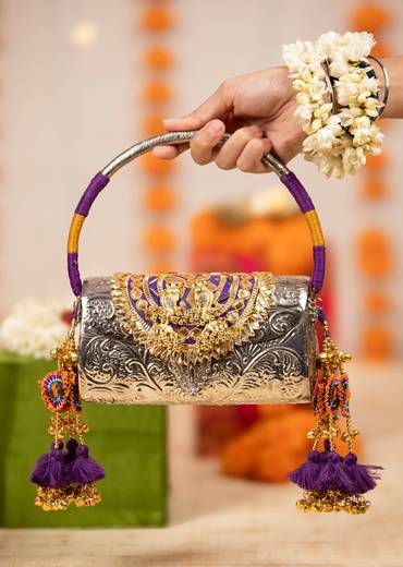 Silver Floral Etched Textured Metal Bag