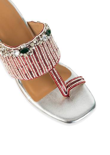 Silver Hand Hand Embellished Faux Leather Block Heels