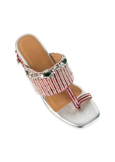 Silver Hand Hand Embellished Faux Leather Block Heels