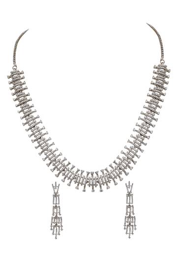 Silver Pave Stone Rectangular Collar Necklace Set