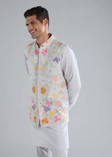 Sky Blue Kurta Jacket Set With Dori Work Detailing