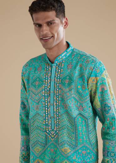 Sky Blue Silk Art Silk Mens Kurta Set with Thread Mirror Detail Work