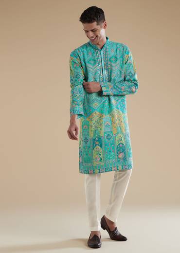 Sky Blue Silk Art Silk Mens Kurta Set with Thread Mirror Detail Work