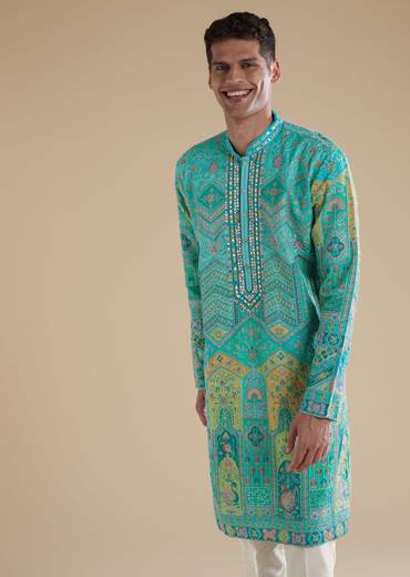 Sky Blue Silk Art Silk Mens Kurta Set with Thread Mirror Detail Work