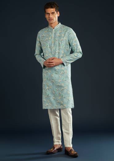 Sky Blue Silk Kurta Set with Floral Motifs