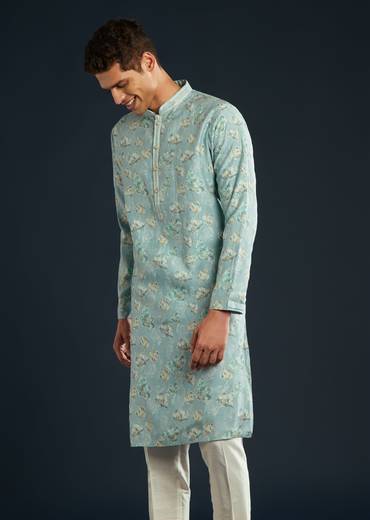 Sky Blue Silk Kurta Set with Floral Motifs