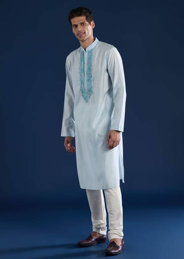 Sky Blue Viscose Resham Work Mens Kurta and Pant Set