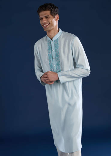 Sky Blue Viscose Resham Work Mens Kurta and Pant Set