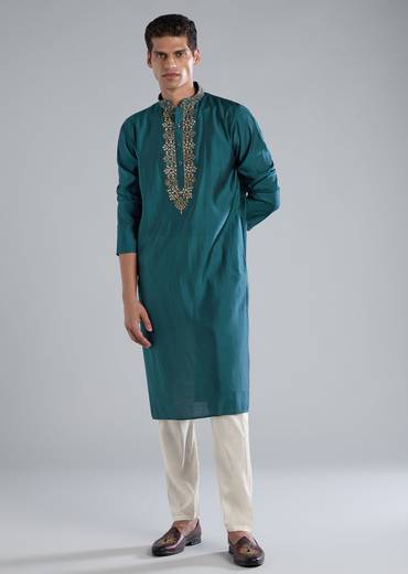 Teal Blue Kurta Set With Thread Resham And French Knot Detailing