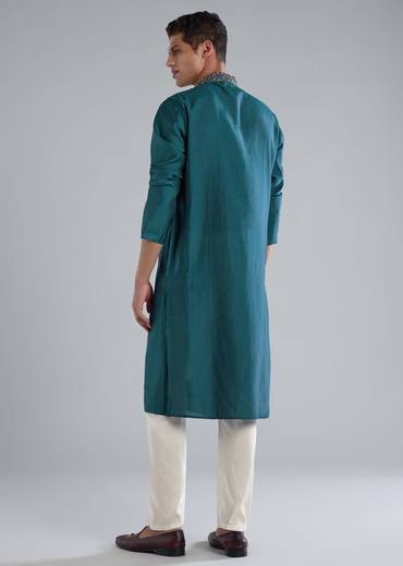 Teal Blue Kurta Set With Thread Resham And French Knot Detailing