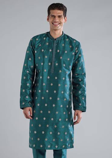 Teal Blue Printed Kurta Jacket Set With Resham Detailing