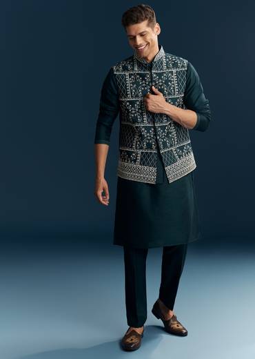 Teal Blue Silk Kurta Jacket Set With Thread And Mirror Work