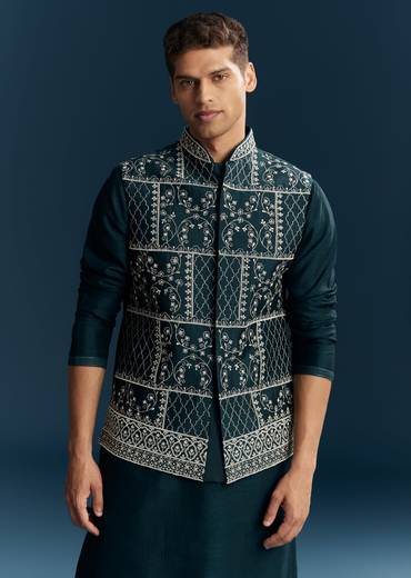 Teal Blue Silk Kurta Jacket Set With Thread And Mirror Work
