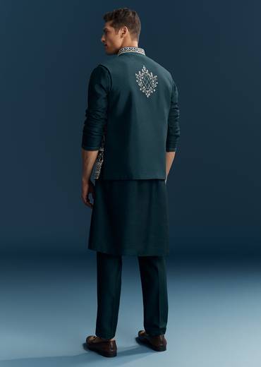 Teal Blue Silk Kurta Jacket Set With Thread And Mirror Work