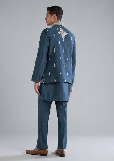 Teal Blue Silk Kurta Jacket Set With Thread Resham Zari Work