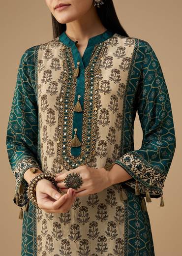 Teal Indie Printed Crepe Kurta Pant Set