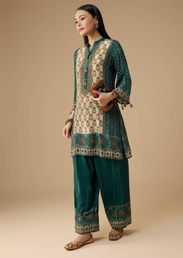 Teal Indie Printed Crepe Kurta Pant Set