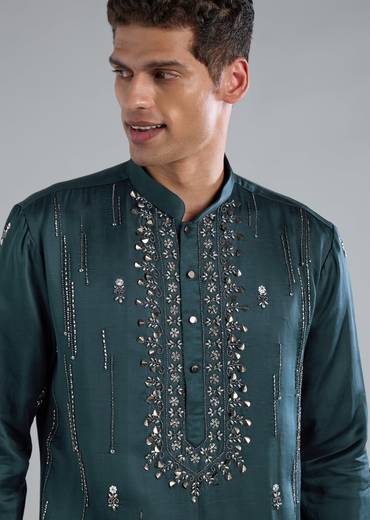 Teal Kurta Set With Hand Embroidery And Cutdana Details