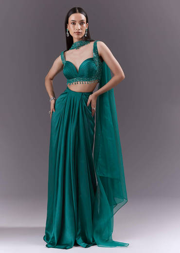 Teal Satin Crop Top And Drape Skirt Set With Heavy Embroidery