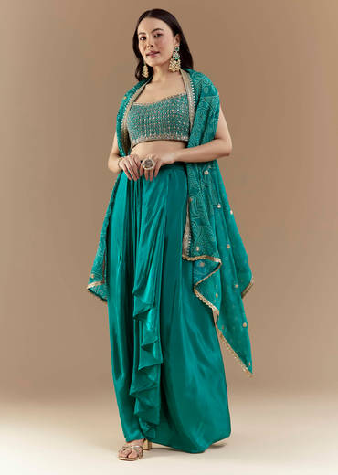 Turquoise Blue Crop Top Skirt Set with Bandhani Cape