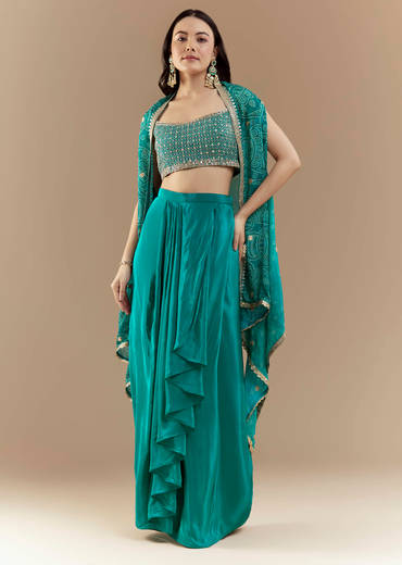 Turquoise Blue Crop Top Skirt Set with Bandhani Cape
