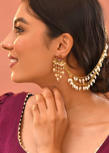 White Kundan Layered Bead Drop Earchain Set