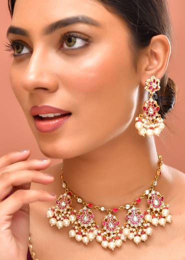 White Kundan Pendant Drop Necklace and Floral Danglers Set