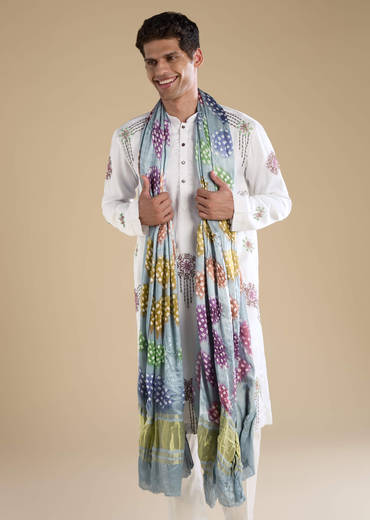 White Silk Blend Mens Kurta Set with Bandhani Dupatta