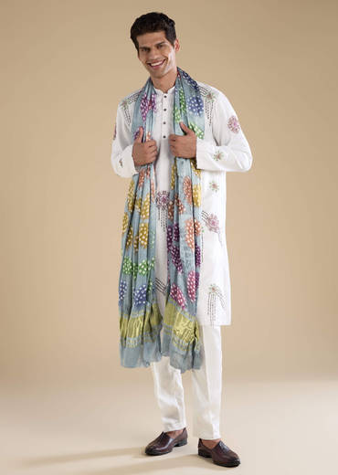 White Silk Blend Mens Kurta Set with Bandhani Dupatta
