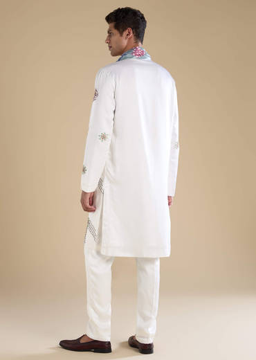 White Silk Blend Mens Kurta Set with Bandhani Dupatta