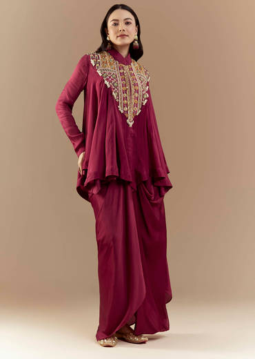 Wine Chinon Asymmetric Cape Top and Skirt Set