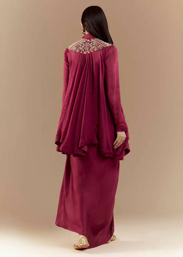 Wine Chinon Asymmetric Cape Top and Skirt Set