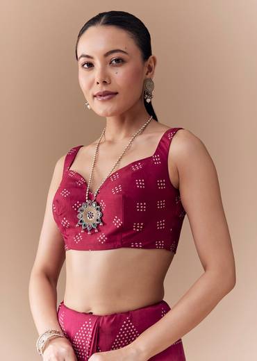 Wine Crepe Bandhani Print Saree with Blouse Fabric