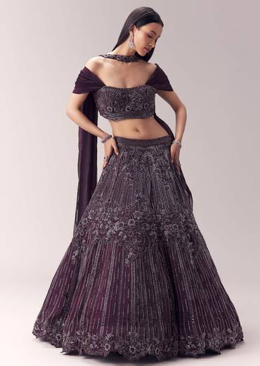 Wine Embellished Lehenga and Choker Dupatta Blouse